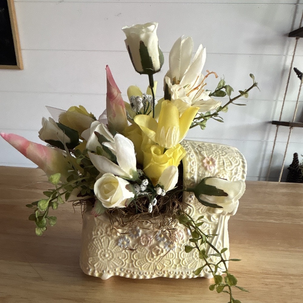 Baby Shower Bassinet Planter Pot With Artificial Flowers, Roses White & Yellow
